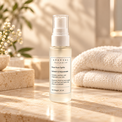 Arrival Rose Aura Spritz hydrating face mist lifestyle photograph