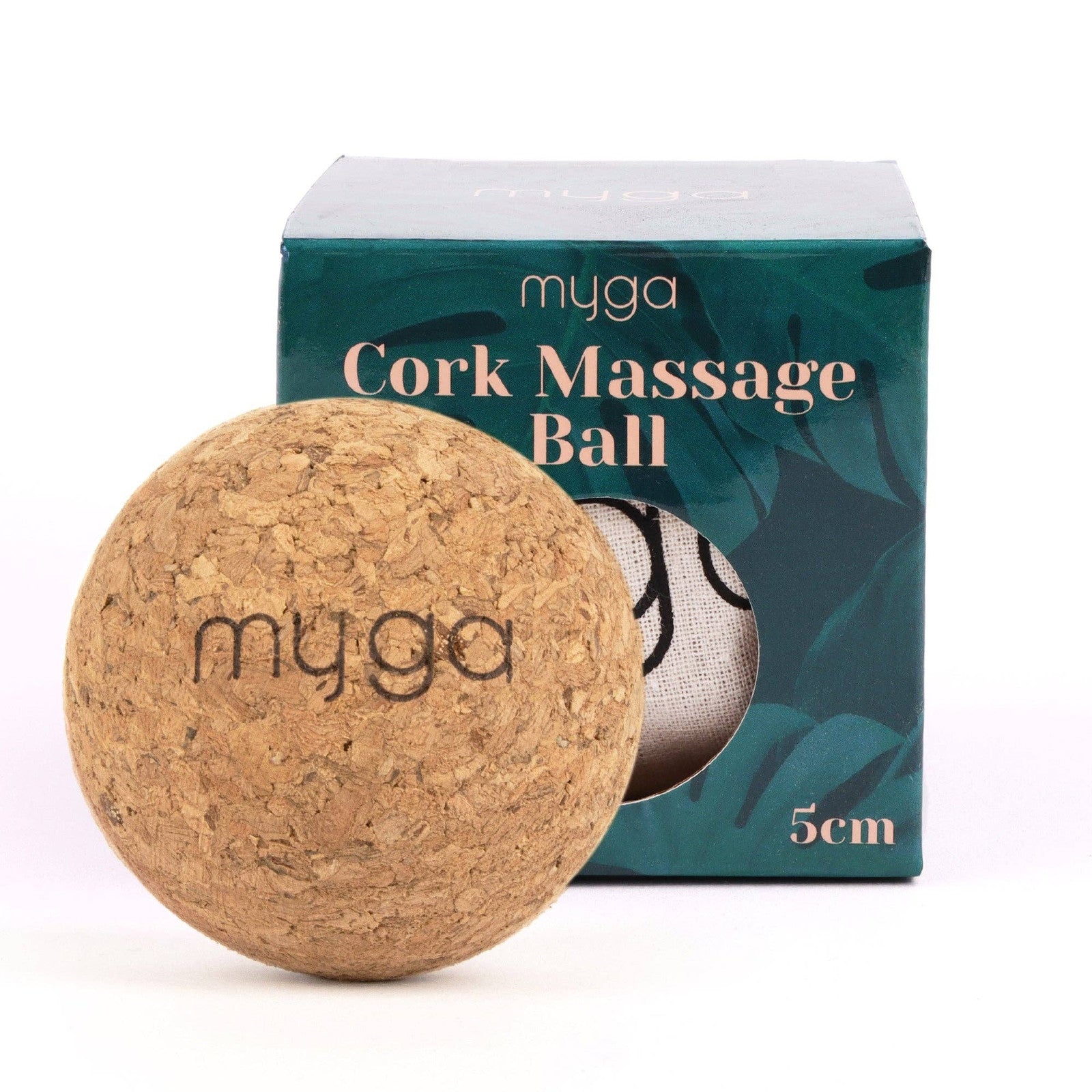 Myga 5cm cork massage ball with original branded retail packaging
