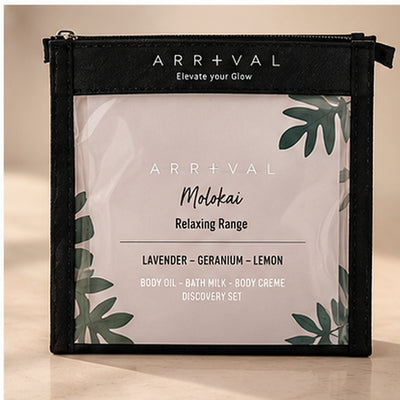 Black Arrival Molokai Relaxing Range travel pouch with lavender, geranium and lemon insert
