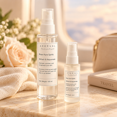 Arrival Rose Aura Spritz hydrating facial mist shown in premium product styling