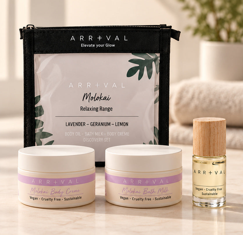Arrival Molokai Discovery Set with body crème, bath milk, body oil and black zip pouch