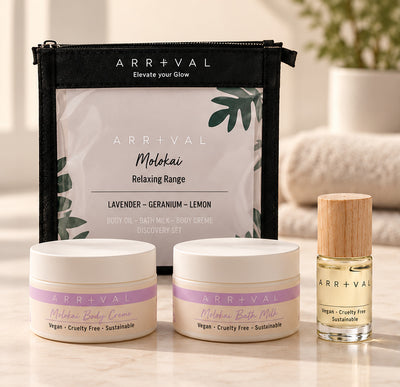 Arrival Molokai Discovery Set with body crème, bath milk, body oil and black zip pouch