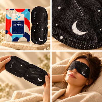 Woman resting at home wearing a Zen Heat warming eye mask