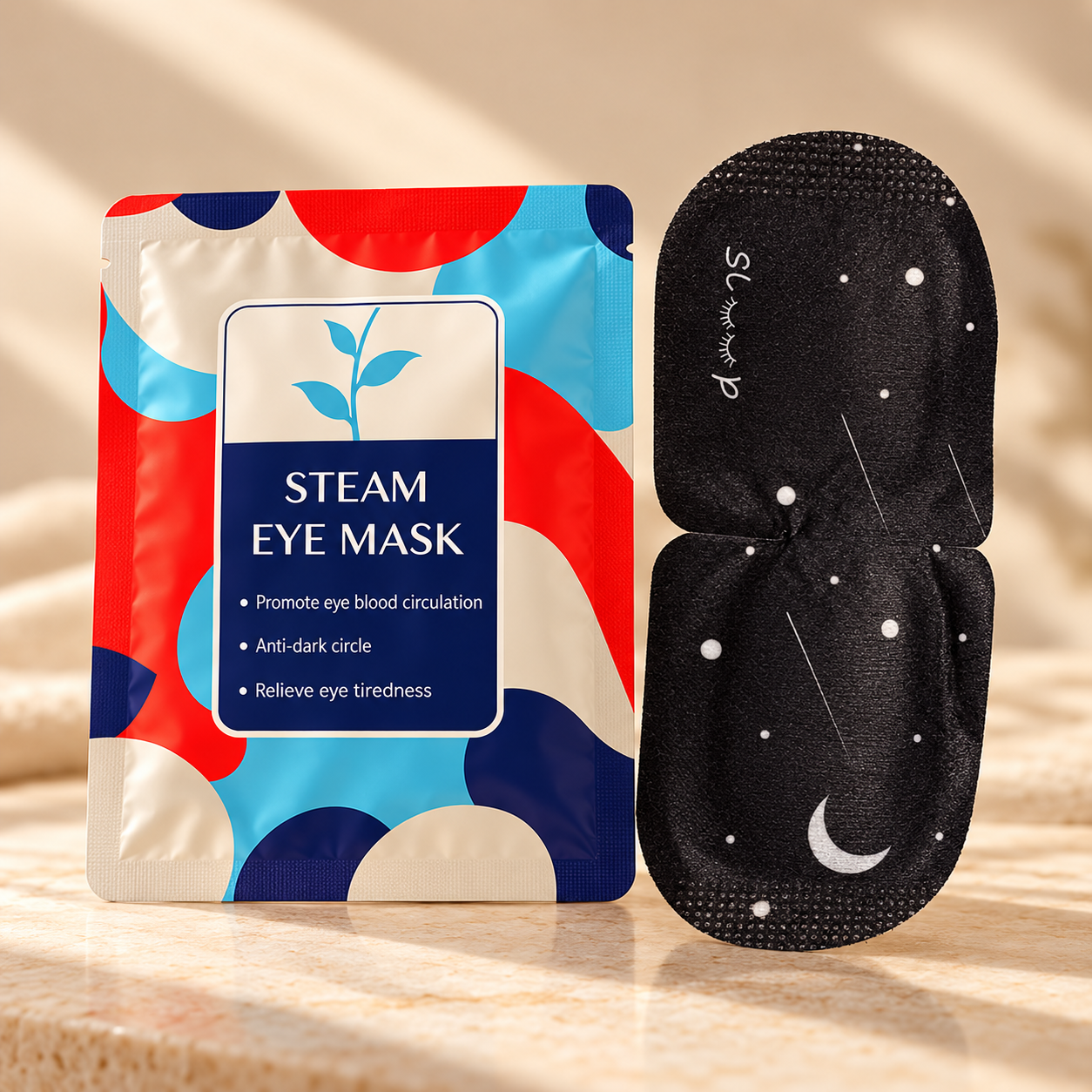 Zen Heat self-heating steam eye mask with colourful sachet and black moon-and-stars mask