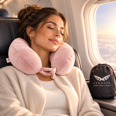 Woman resting on a flight with pink AeroSpa memory foam travel pillow