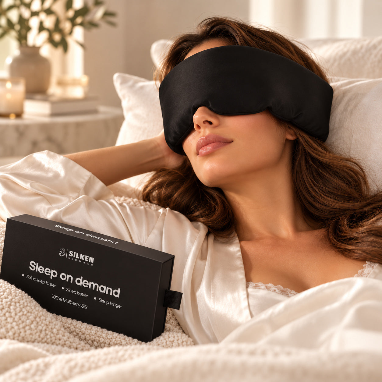Model wearing the Silken Slumber mulberry silk sleep mask