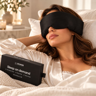 Model wearing the Silken Slumber mulberry silk sleep mask