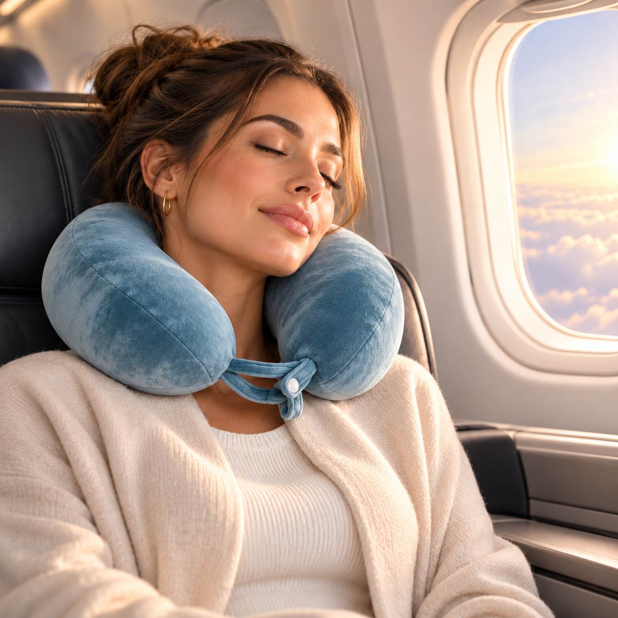 Woman wearing turquoise AeroSpa memory foam neck pillow during a flight